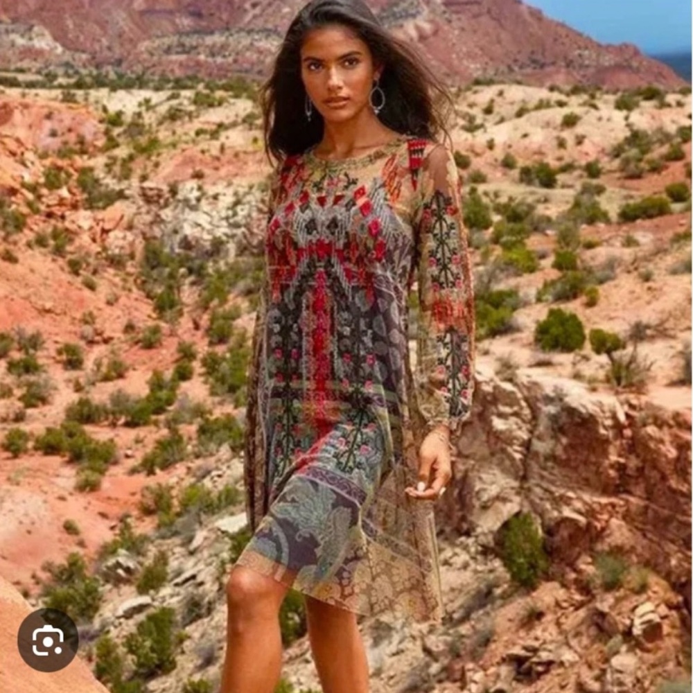 JOHNNY WAS BIYA Diza Mesh Short Dress with Slip Geometric Boho Size Small